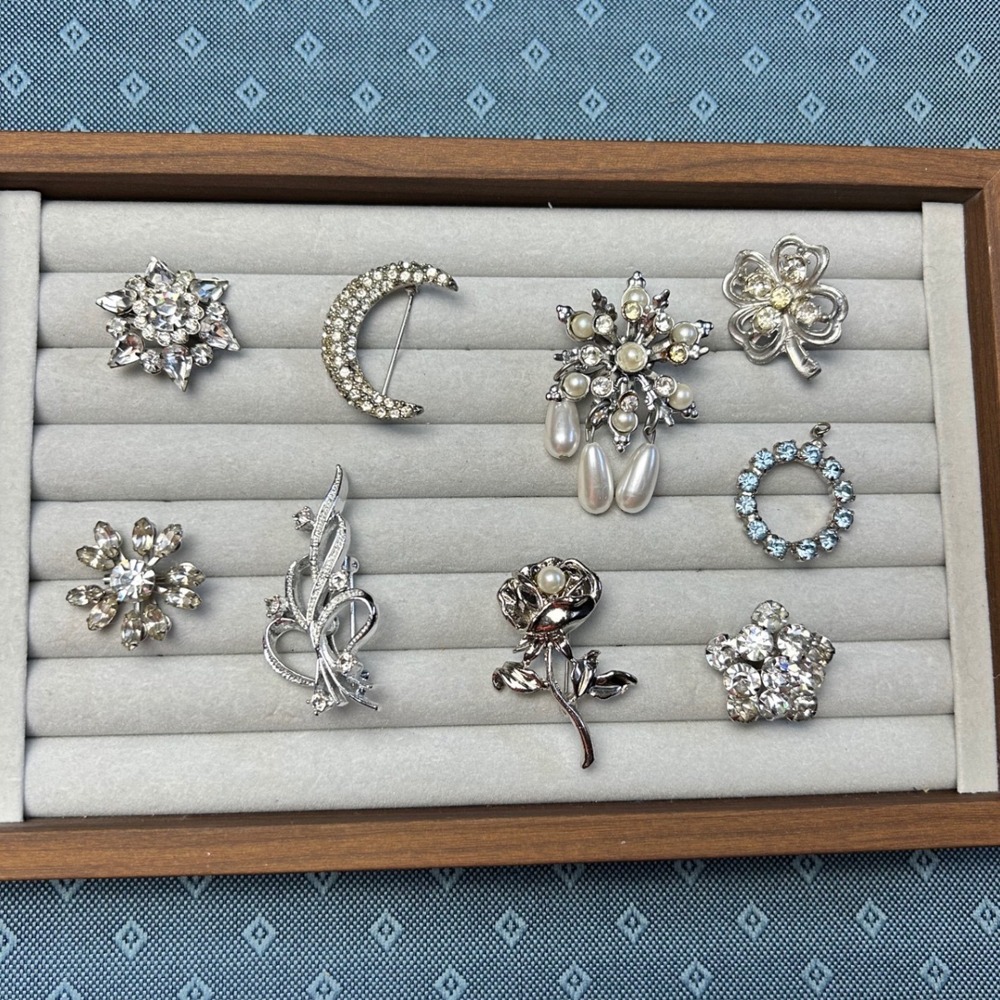 Rhinestone and Faux Pearl Brooch Lot 10pc Silver Tone Assorted Vintage Coventry